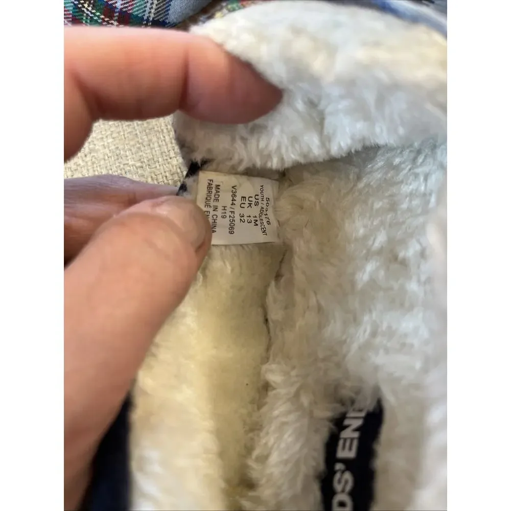 Lands' End Size 1 Childs Suede Slippers Moccasin Navy Blue Faux Fur Monogram “N”